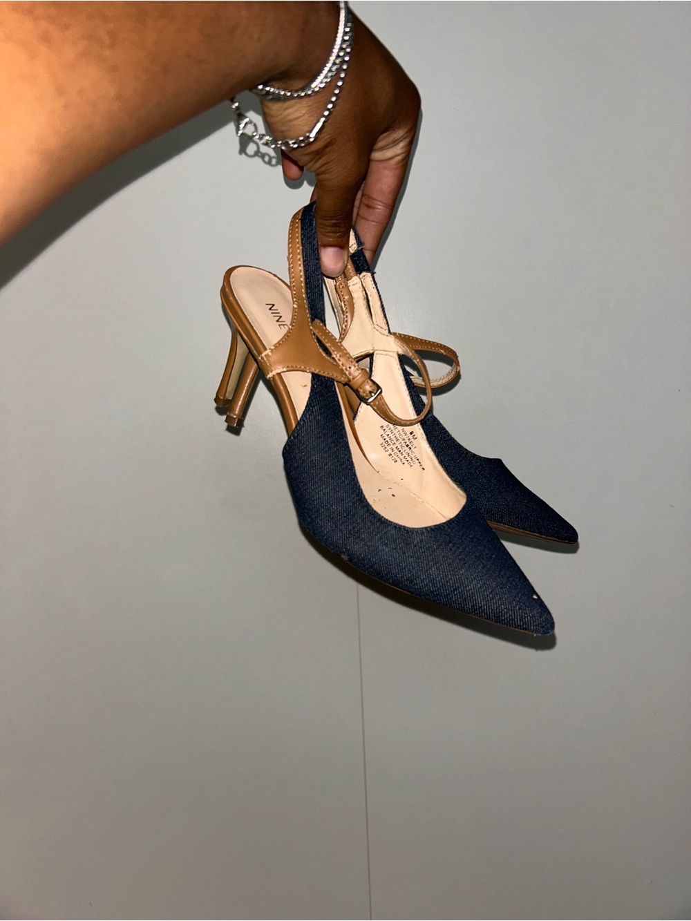 Nina Navy Fabric Pointed-Toe Slingback Heels with Tan Accents